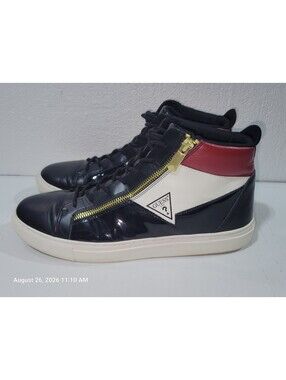 GUESS Men’s Black/White/Red/Gold High Top Lace-Up Athletic Sneakers, Side Zipper